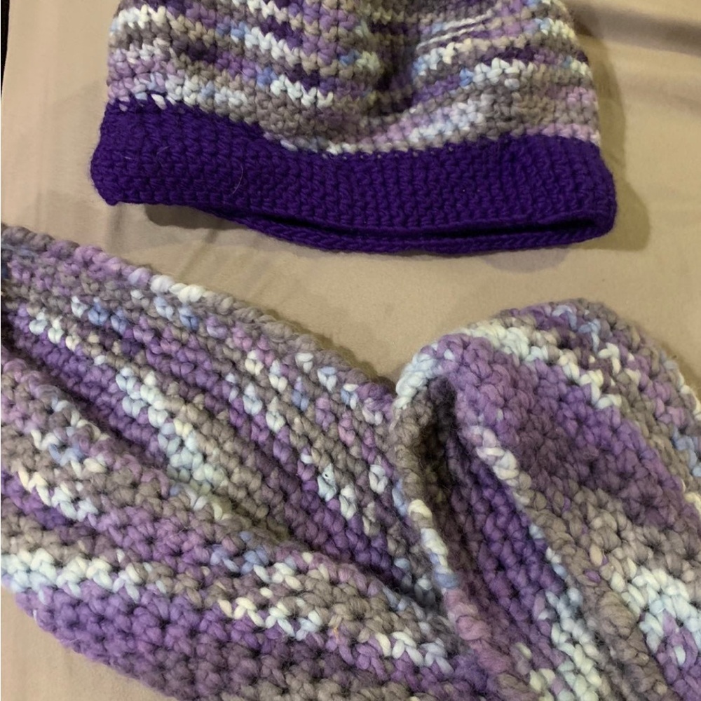 Purple and Gray Crocheted Scarf and Wrap Set